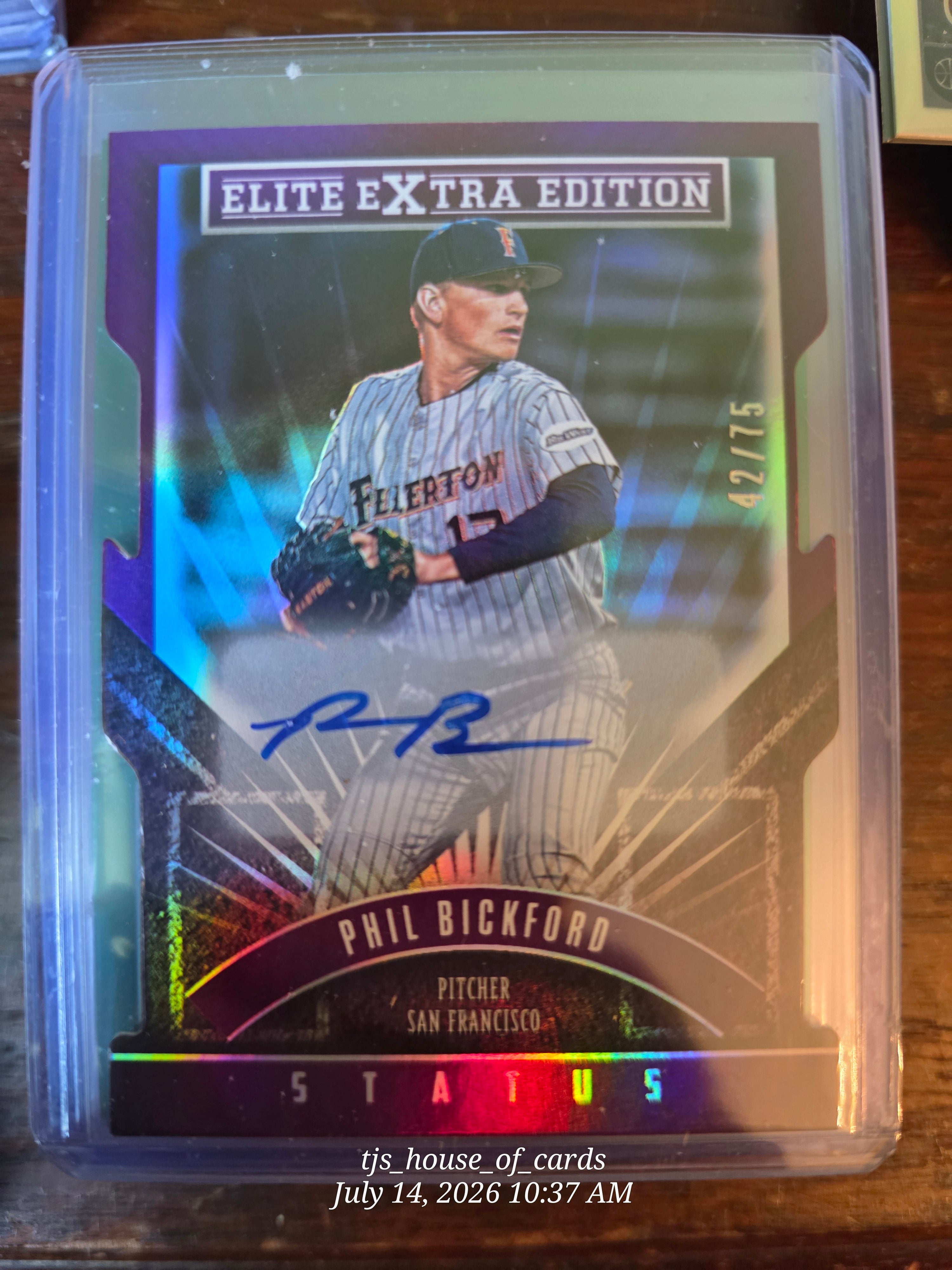 2016 Elite Extra Edition  Status Purple Die-Cut #19 Phil Bickford 42/75 Auto